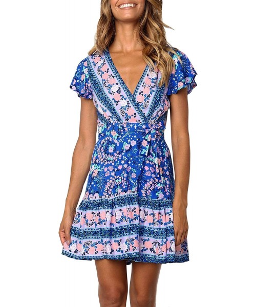 Cover-Ups Women's Summer Wrap V Neck Bohemian Floral Print Ruffle Swing A Line Beach Mini Dress - Blue - CB18RDU24HM