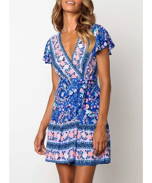 Cover-Ups Women's Summer Wrap V Neck Bohemian Floral Print Ruffle Swing A Line Beach Mini Dress - Blue - CB18RDU24HM