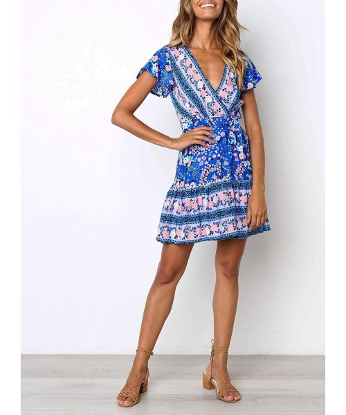 Cover-Ups Women's Summer Wrap V Neck Bohemian Floral Print Ruffle Swing A Line Beach Mini Dress - Blue - CB18RDU24HM