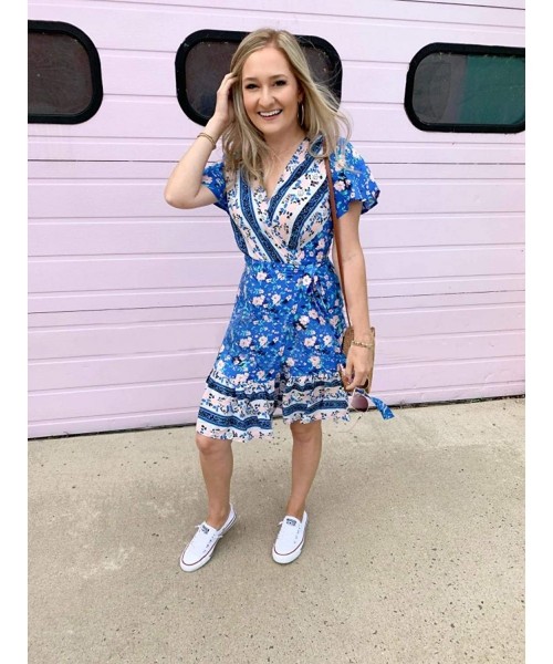 Cover-Ups Women's Summer Wrap V Neck Bohemian Floral Print Ruffle Swing A Line Beach Mini Dress - Blue - CB18RDU24HM