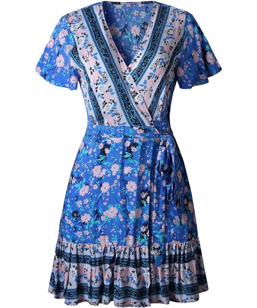 Cover-Ups Women's Summer Wrap V Neck Bohemian Floral Print Ruffle Swing A Line Beach Mini Dress - Blue - CB18RDU24HM