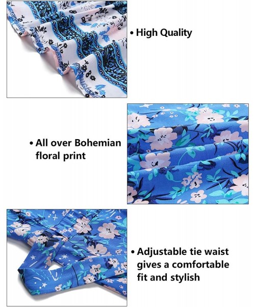 Cover-Ups Women's Summer Wrap V Neck Bohemian Floral Print Ruffle Swing A Line Beach Mini Dress - Blue - CB18RDU24HM