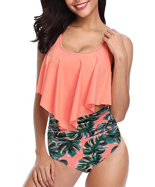 Sets Women Bathing Suit Tankini 2 pc Bikini Crop Top Ruffle Swimwear Plant Print Tankini High Waist Tummy Control Bathing Sui...