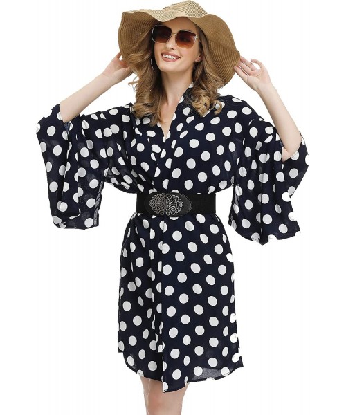 Cover-Ups Women's Short Sleeve Loose Tops Floral Print Kimono Cardigan Cape Beach Bikini Cover Up - Navy Polka Dot - C2192O7T3L0