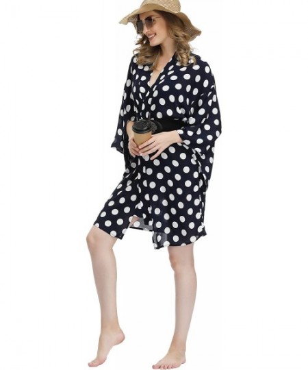 Cover-Ups Women's Short Sleeve Loose Tops Floral Print Kimono Cardigan Cape Beach Bikini Cover Up - Navy Polka Dot - C2192O7T3L0