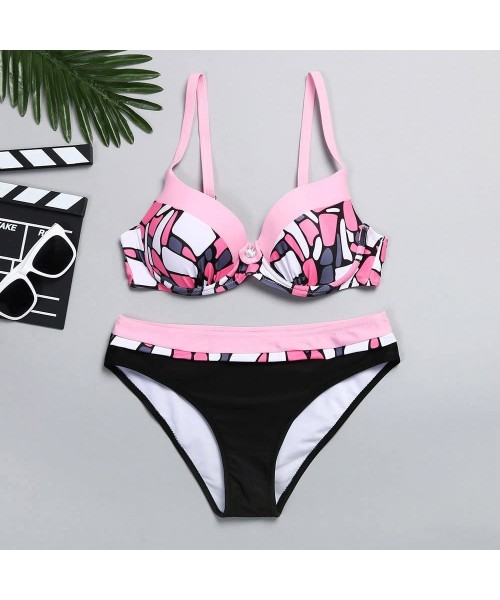 Tops Womens Sexy Striped Push up Bikini Set Cute Print 2 PC Padded Bikinis Colorblock Swimsuit Floral Bathing Suit Pink - CU1...