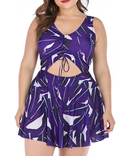 Sets Plus Size Tankini Swimsuits for Women with Tummy Control High Waist Shorts Keyhole Drawstrings - Purple - CJ196Y7CE9O