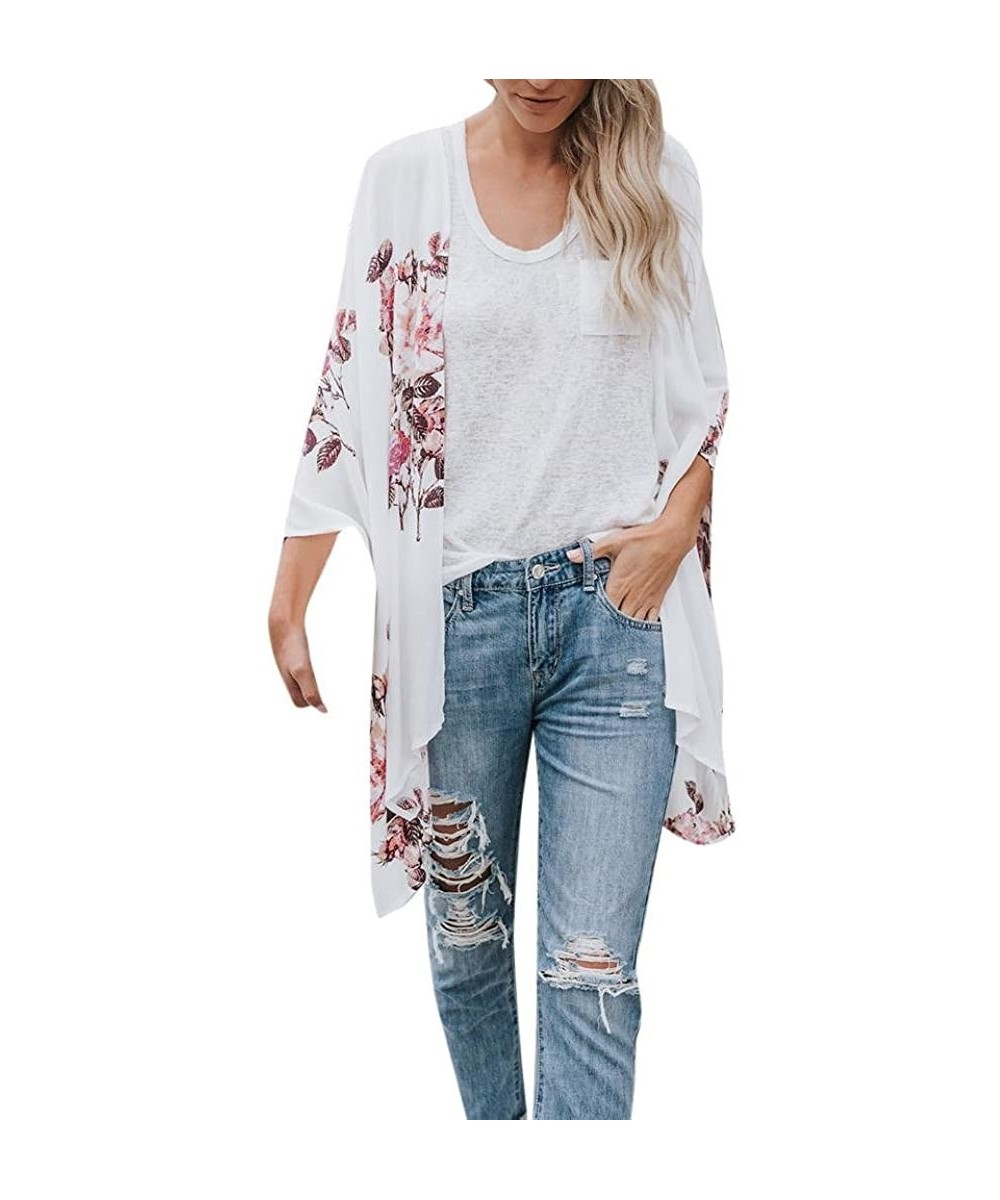 Cover-Ups Fashion Womens Top Chiffon Shawl Print Kimono Cardigan Cover Up Blouse Beachwear - White - CP18GI8K03N