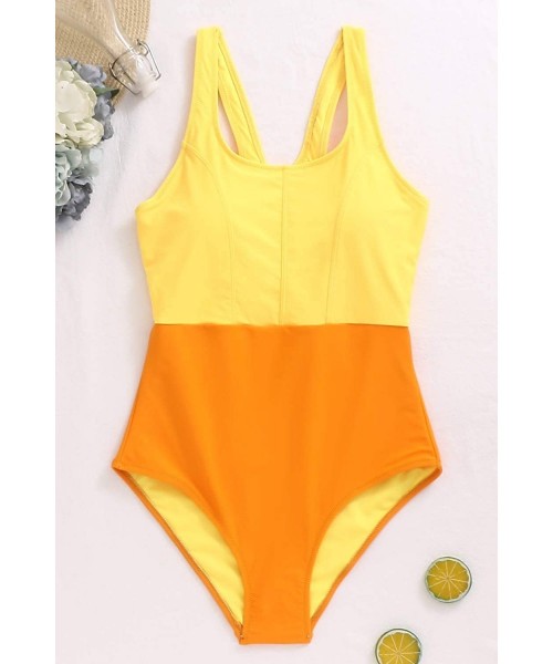 Racing Womens Athletic One Piece Swimsuits Racerback Padded Bathing Suit Sport Swimwear Color Block - Yellow One Piece - C719...