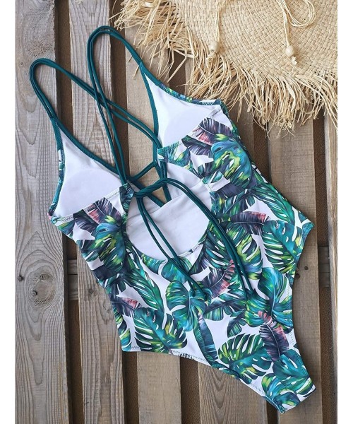 One-Pieces Women One Piece Swimsuit V-Neck Ruffle Bathing Suit Padded Monokini - Print Leaves - C219D3II0R7