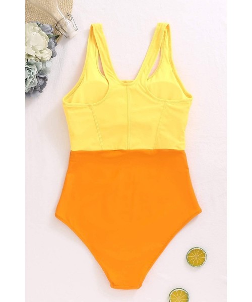 Racing Womens Athletic One Piece Swimsuits Racerback Padded Bathing Suit Sport Swimwear Color Block - Yellow One Piece - C719...