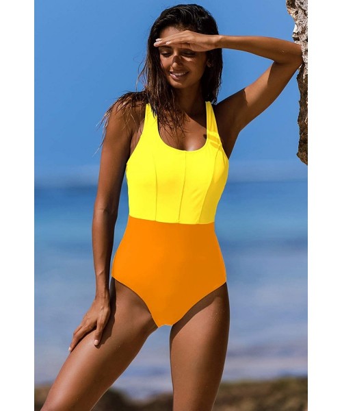 Racing Womens Athletic One Piece Swimsuits Racerback Padded Bathing Suit Sport Swimwear Color Block - Yellow One Piece - C719...