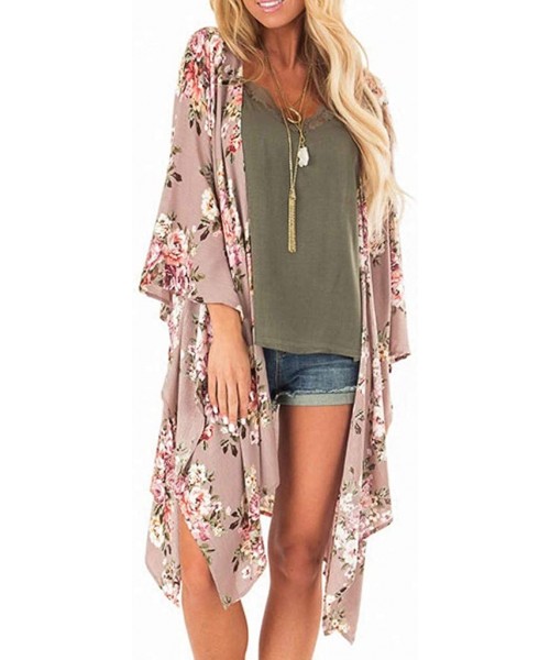 Bottoms Fashion Chiffon Shawl Print Kimono Cardigan Top Cover Up Blouse Beachwear Women - Floral Print Cardigan Khaki - CR18U...