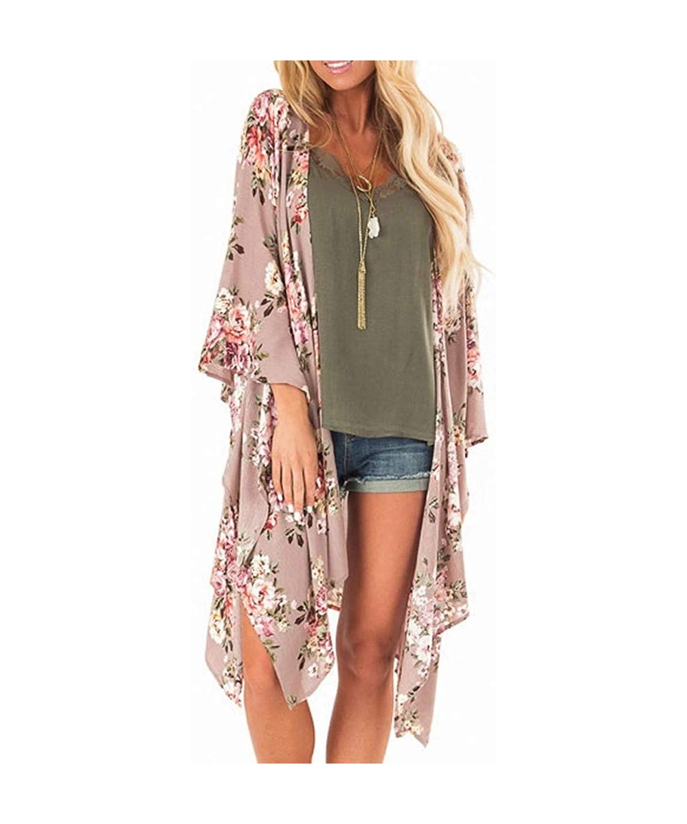 Bottoms Fashion Chiffon Shawl Print Kimono Cardigan Top Cover Up Blouse Beachwear Women - Floral Print Cardigan Khaki - CR18U...