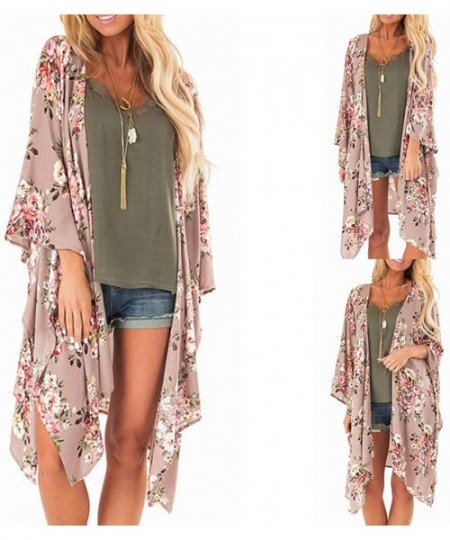 Bottoms Fashion Chiffon Shawl Print Kimono Cardigan Top Cover Up Blouse Beachwear Women - Floral Print Cardigan Khaki - CR18U...