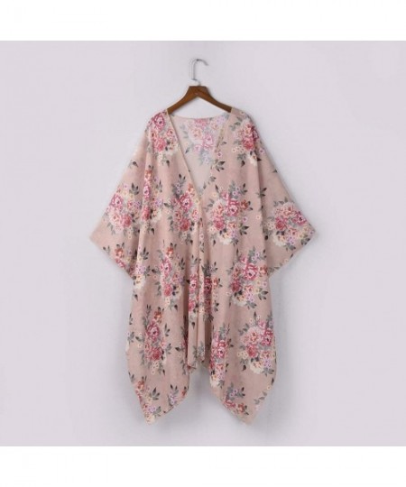 Bottoms Fashion Chiffon Shawl Print Kimono Cardigan Top Cover Up Blouse Beachwear Women - Floral Print Cardigan Khaki - CR18U...