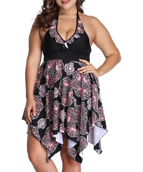 One-Pieces Women Plus Size Swimwear Two Piece Floral Printed Halter Swimdress Flowy Skirted Swimsuit - Pink Print - CY18NORTLR6