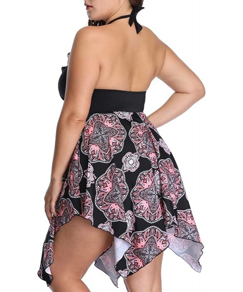 One-Pieces Women Plus Size Swimwear Two Piece Floral Printed Halter Swimdress Flowy Skirted Swimsuit - Pink Print - CY18NORTLR6