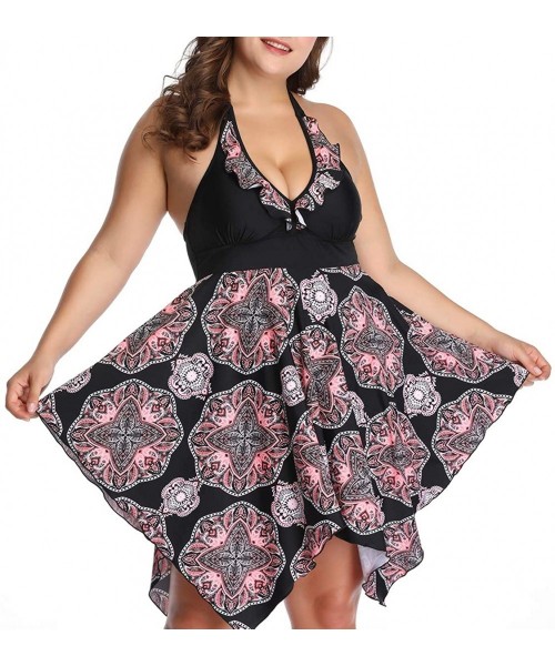 One-Pieces Women Plus Size Swimwear Two Piece Floral Printed Halter Swimdress Flowy Skirted Swimsuit - Pink Print - CY18NORTLR6