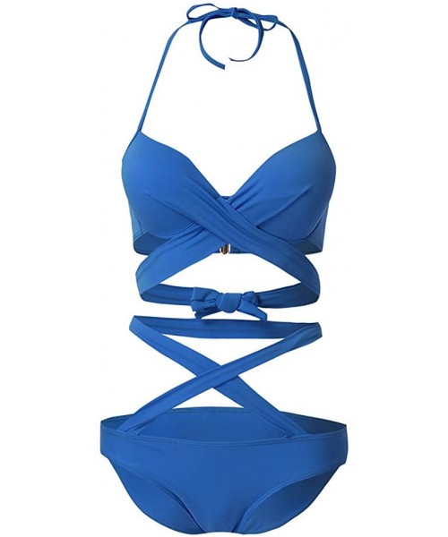 One-Pieces Sexy One Piece Swimsuits for Women Halter Bandage Plunge Deep V Neck High Leg Cutout Monokini Bathing Suits Blue -...