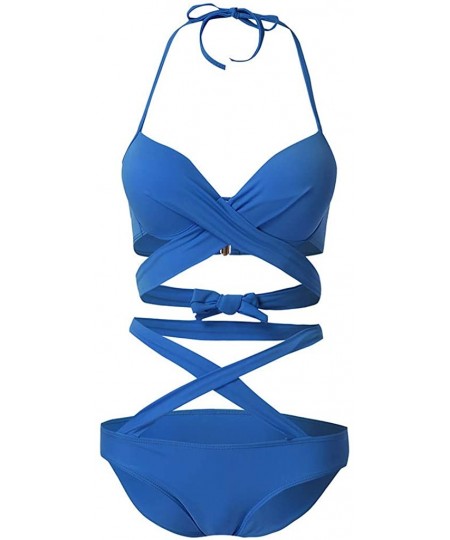 One-Pieces Sexy One Piece Swimsuits for Women Halter Bandage Plunge Deep V Neck High Leg Cutout Monokini Bathing Suits Blue -...