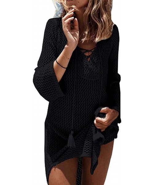 Cover-Ups Beach Swimsuit for Women Sleeve Coverups Bikini Cover Up Lace-up Net - Black Lace-up1 - C91960SKTSY