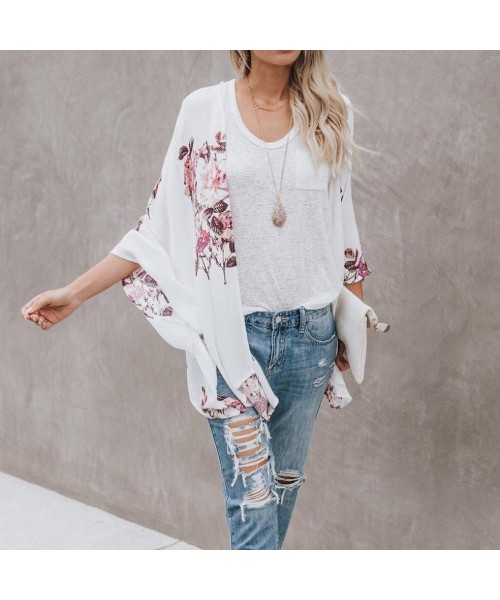 Cover-Ups Fashion Womens Top Chiffon Shawl Print Kimono Cardigan Cover Up Blouse Beachwear - White - CP18GI8K03N