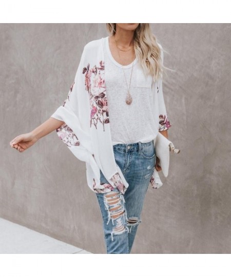 Cover-Ups Fashion Womens Top Chiffon Shawl Print Kimono Cardigan Cover Up Blouse Beachwear - White - CP18GI8K03N