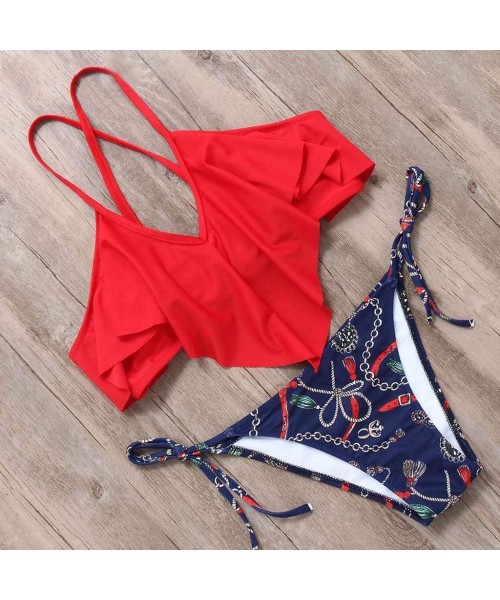 Sets Women's Bikini Padded Push Up Ruffle Swimsuit Print Strappy Racerback Bathing Suit Swimwear Separates Tankini Red - C818...