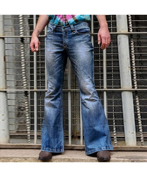 Racing Men's Bell Bottoms Jeans High Waist Strentch Bootcut Flared Jean Wide Leg Denim Pants Plus Size - Blue - C0196UOLKRO