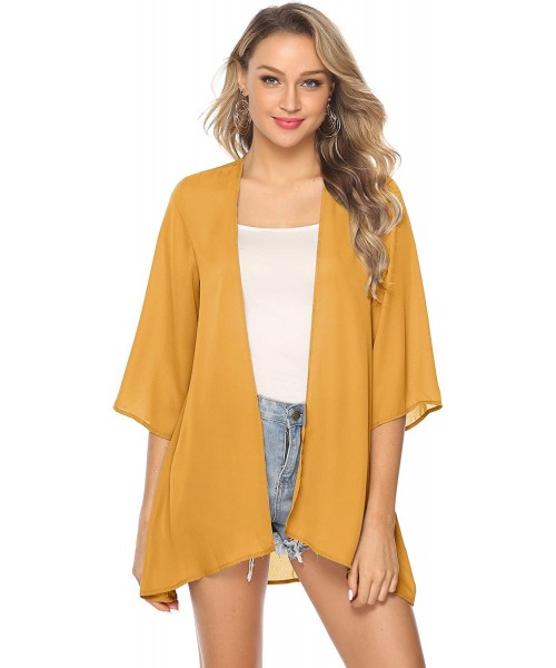 Cover-Ups Women 3/4 Sleeve Floral Chiffon Casual Loose Kimono Cardigan Capes - Solid Yellow - C418UNC356G