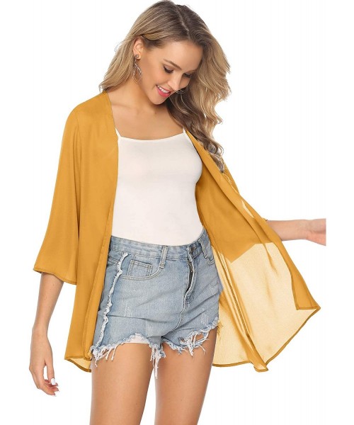 Cover-Ups Women 3/4 Sleeve Floral Chiffon Casual Loose Kimono Cardigan Capes - Solid Yellow - C418UNC356G