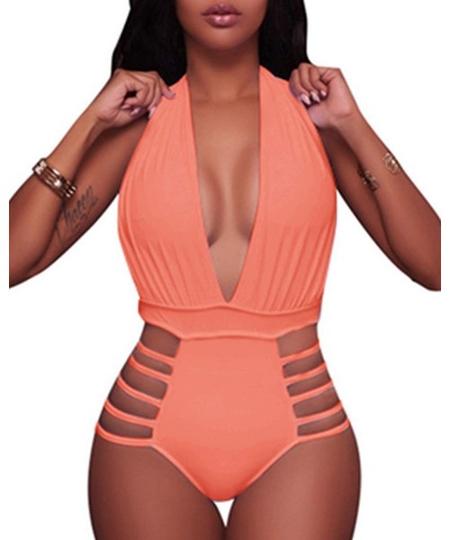 One-Pieces Women Sexy One Piece Swimsuits Halter Plunge V Neck Cutout Bathing Suits - Salmon Pink - CC18A2R98S9