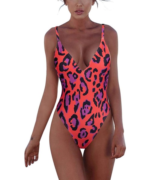 Sets Women's One Piece Tummy Control V Neck Backness Swimsuits Bathing Suit Swimwear Beachwear - 00_red Leopard - CF194RCAWSZ