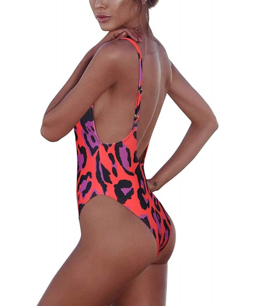 Sets Women's One Piece Tummy Control V Neck Backness Swimsuits Bathing Suit Swimwear Beachwear - 00_red Leopard - CF194RCAWSZ