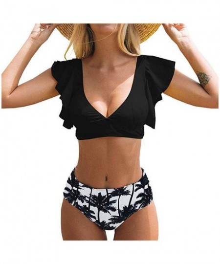 Tops Women High Waisted Bikini Set Two Pieces Swimsuits Bathing Suits Ruffled Flounce Top Swimsuit Beachwear - Black - CA196D...