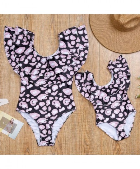 One-Pieces Women's One Piece Bikini Parent-Child Family Matching Swimsuit Leopard Ruffle Beachwear - Black - CH18TMN6LCA