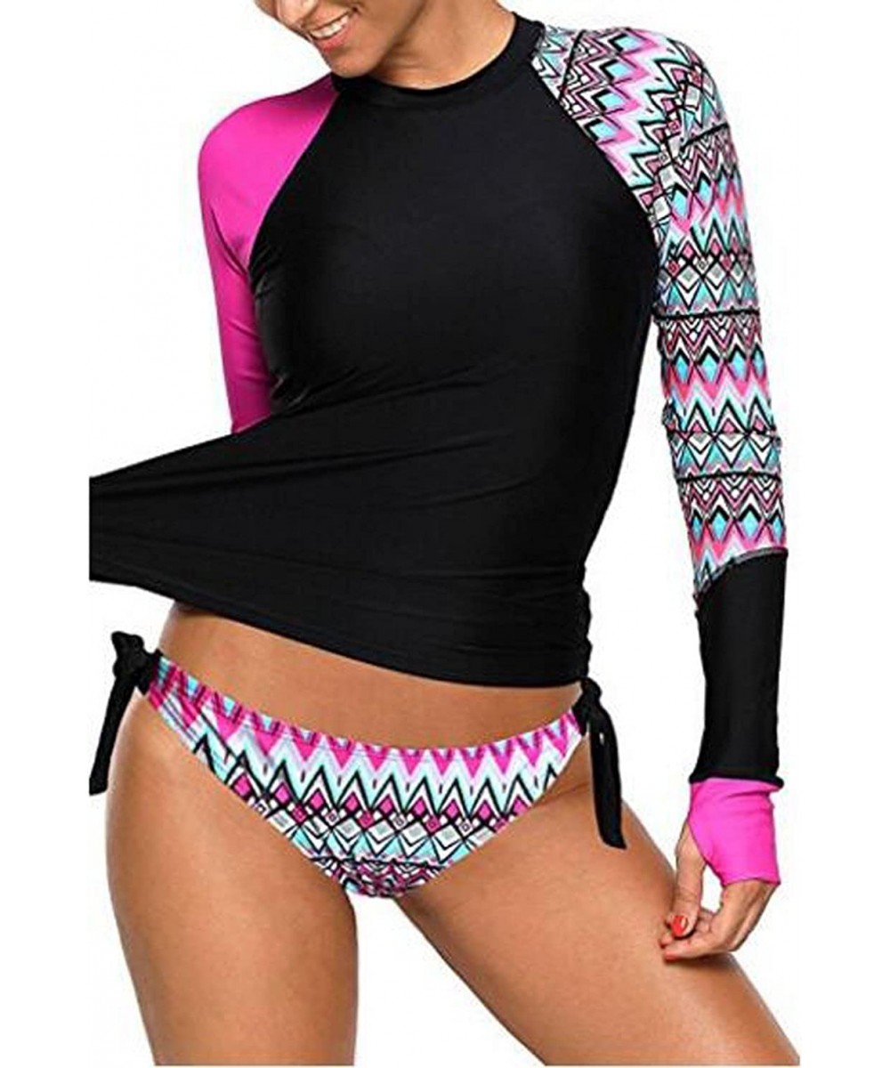 Tankinis Womens Geometric Print Contrast Long Sleeve Tie Side Rash Guard Tankini Swimsuit(S-XXXL) - Rosy - CL188MOOQL0