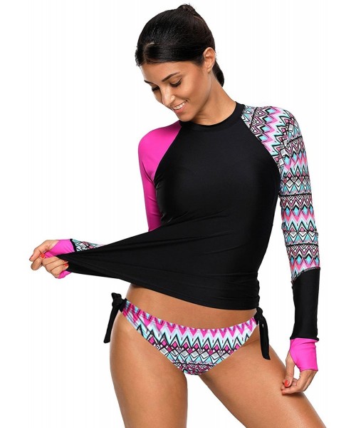 Tankinis Womens Geometric Print Contrast Long Sleeve Tie Side Rash Guard Tankini Swimsuit(S-XXXL) - Rosy - CL188MOOQL0