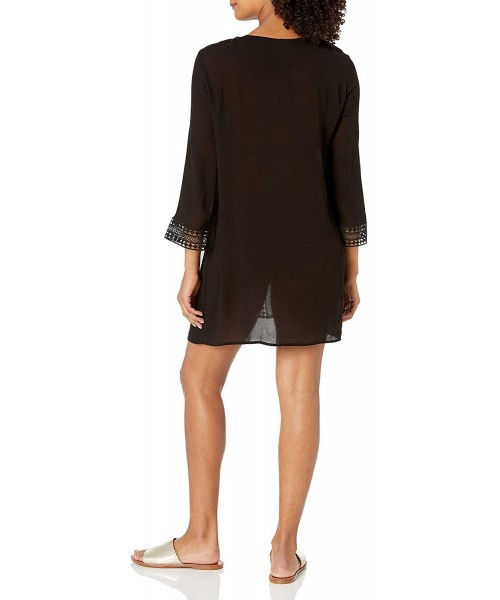 Cover-Ups Women's Flounce V Neck Solid Tunic Swim Cover Up - Black - CK18ZQ7WHZL