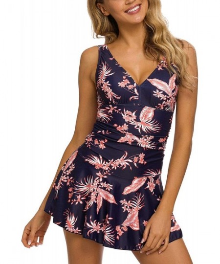 One-Pieces Women's One Piece Skirt Swimsuit Ruched Retro Swimming Dress Tummy Control Bathing Suit - Navy Flower - C418MEQ48D8