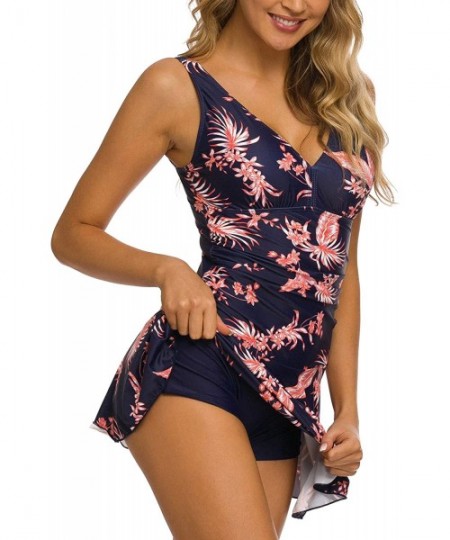 One-Pieces Women's One Piece Skirt Swimsuit Ruched Retro Swimming Dress Tummy Control Bathing Suit - Navy Flower - C418MEQ48D8