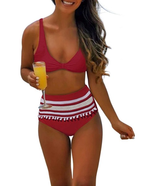 Sets Women Pom Pom High Waist Bikini Sets - Red - C51934H40ER