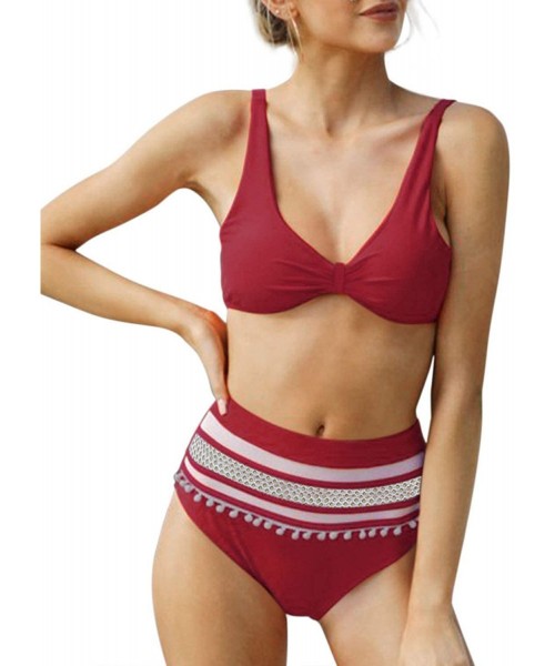 Sets Women Pom Pom High Waist Bikini Sets - Red - C51934H40ER