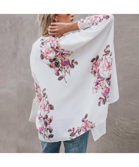 Cover-Ups Fashion Womens Top Chiffon Shawl Print Kimono Cardigan Cover Up Blouse Beachwear - White - CP18GI8K03N