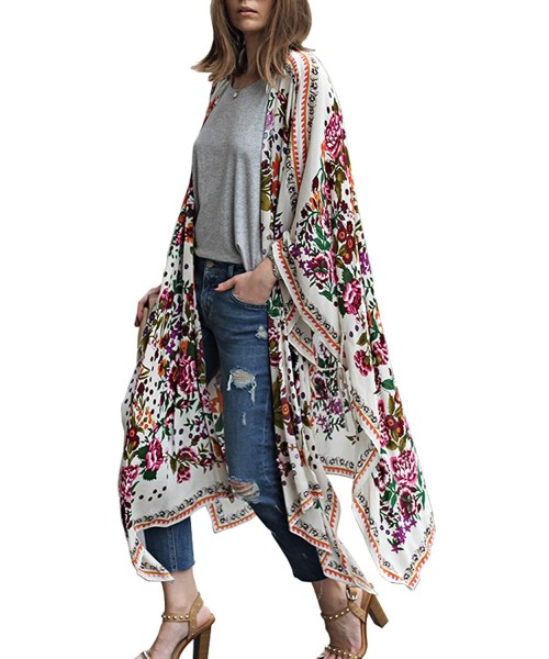 Cover-Ups Womens Chiffon Long Kimono Cardigans Boho Floral 0pen Front Cover Ups Shawl Robes - Floral Print - CY197TT7I5Z