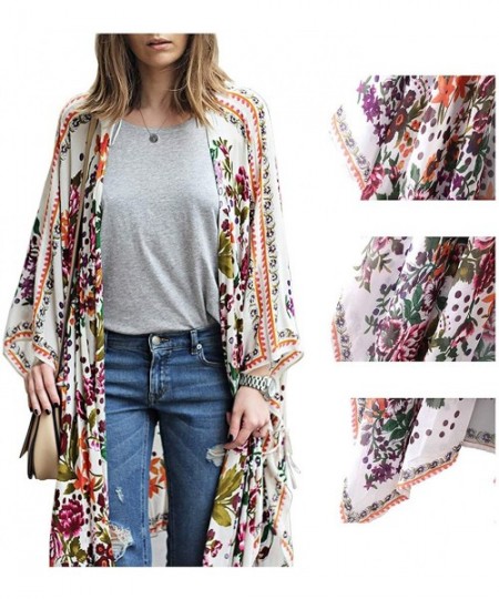 Cover-Ups Womens Chiffon Long Kimono Cardigans Boho Floral 0pen Front Cover Ups Shawl Robes - Floral Print - CY197TT7I5Z