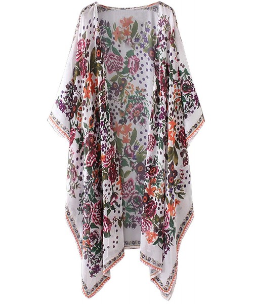 Cover-Ups Womens Chiffon Long Kimono Cardigans Boho Floral 0pen Front Cover Ups Shawl Robes - Floral Print - CY197TT7I5Z