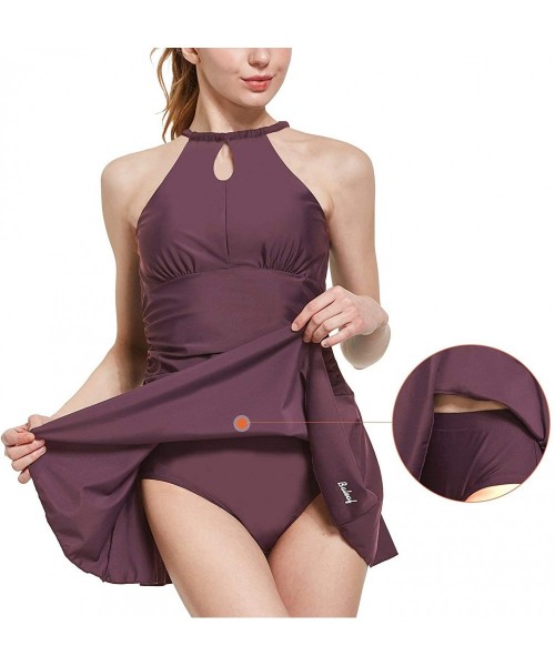 One-Pieces Women Two Piece Swimsuit Halter Neck Peplum Tankini Mesh Ruched Bathing Suit Swimwear - 2-wine Red - CM194N3W7XR