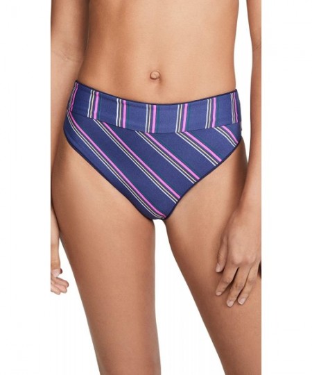 Bottoms Women's Suzy Q Reversible High Waist Bikini Bottom Swimsuit - Ink Blue Rib/Pink Stripe - C018Y2MUICK